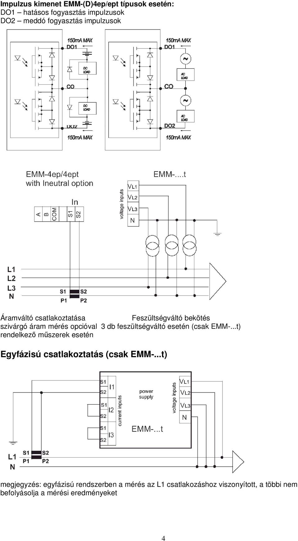 feszültségváltó esetén (csak EMM-...t) rendelkező műszerek esetén Egyfázisú csatlakoztatás (csak EMM-.