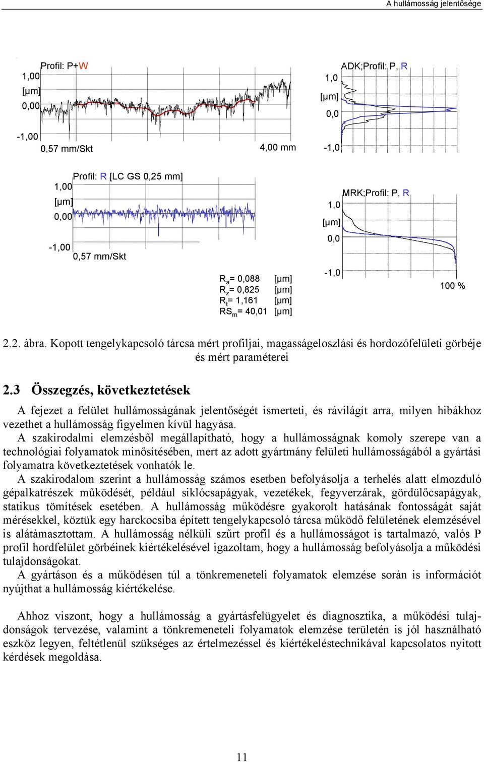 Kopott tengelykapcsoló tárcsa mért profiljai, magasságeloszlási és hordozófelületi görbéje és mért paraméterei 2.