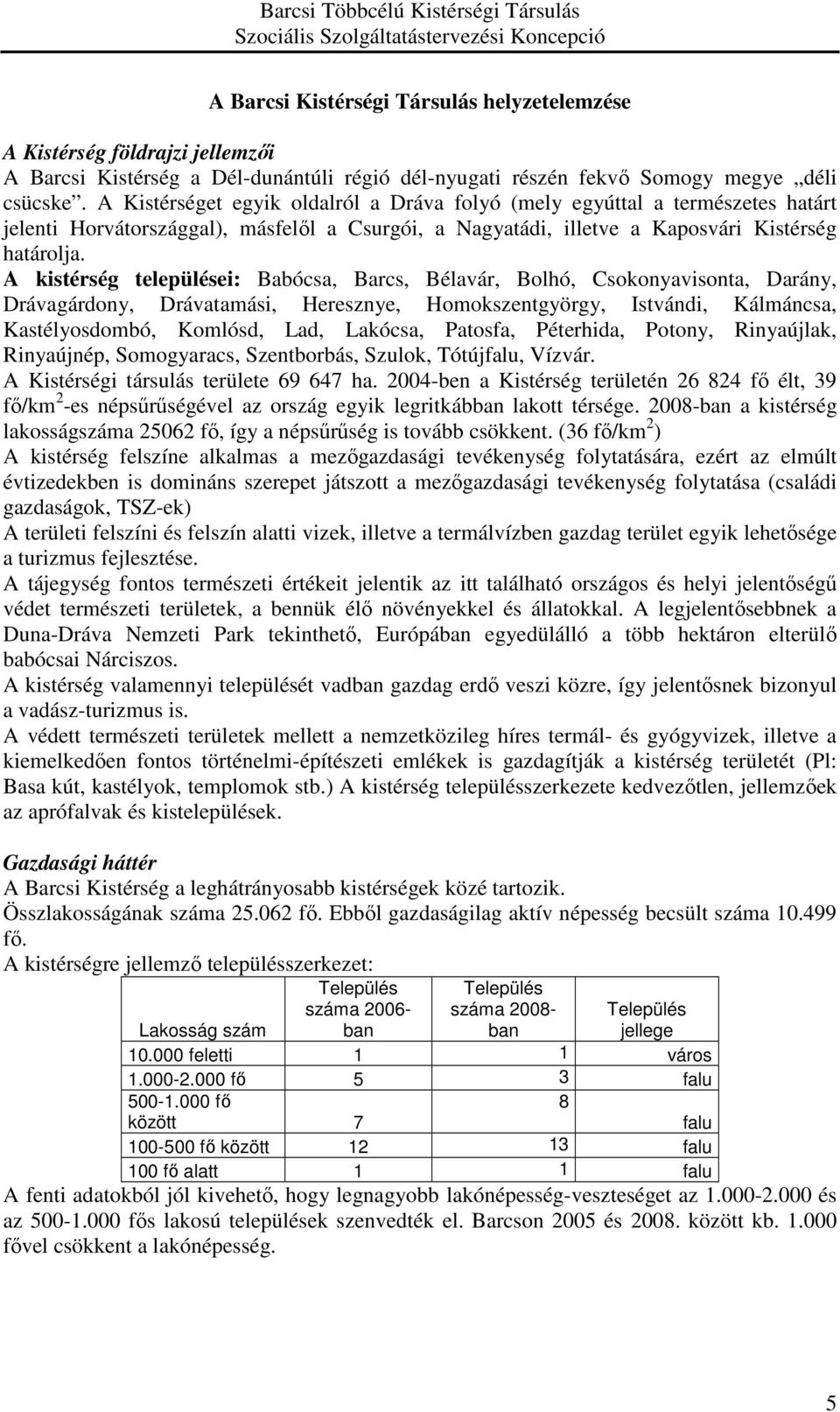 A kistérség települései: Babócsa, Barcs, Bélavár, Bolhó, Csokonyavisonta, Darány, Drávagárdony, Drávatamási, Heresznye, Homokszentgyörgy, Istvándi, Kálmáncsa, Kastélyosdombó, Komlósd, Lad, Lakócsa,