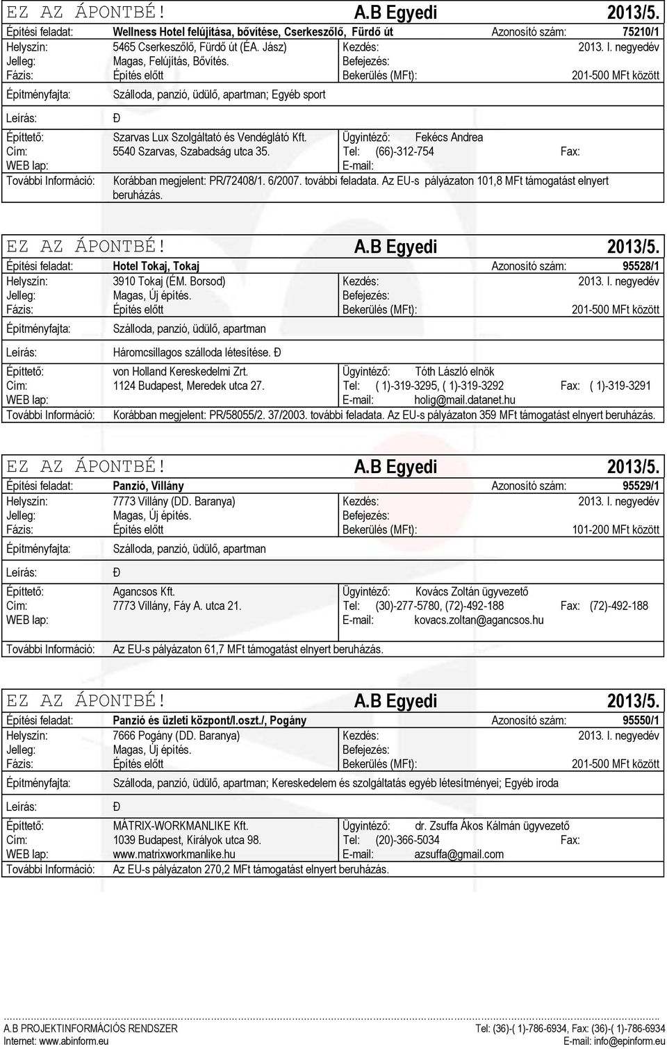 Tel: (66)-312-754 Fax: További Információ: Korábban megjelent: PR/72408/1. 6/2007. további feladata. Az EU-s pályázaton 101,8 MFt támogatást elnyert beruházás.