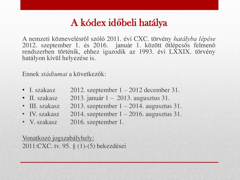 Ennek stádiumai a következők: I. szakasz 2012. szeptember 1 2012 december 31. II. szakasz 2013. január 1 2013. augusztus 31. III. szakasz 2013. szeptember 1 2014.