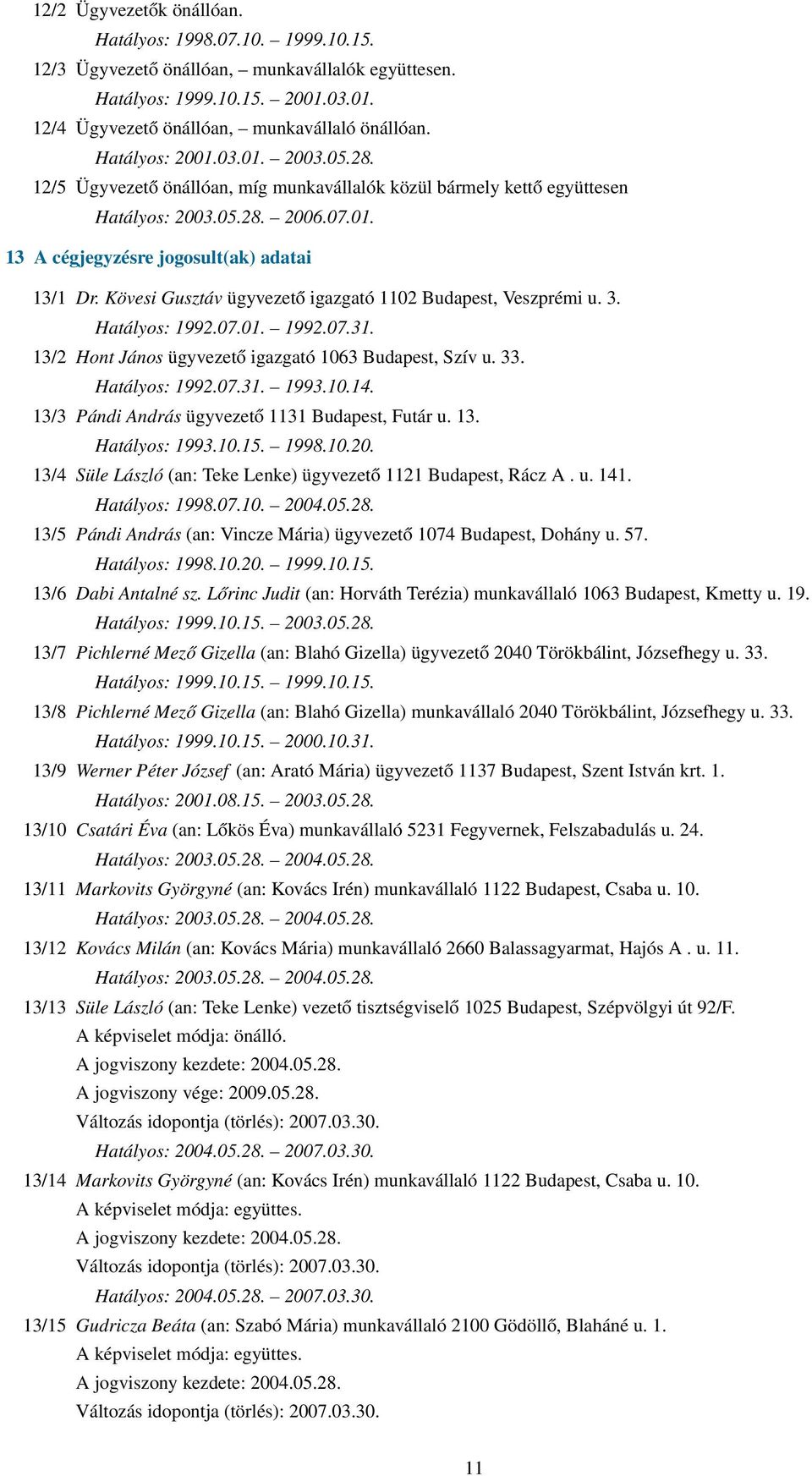 Kövesi Gusztáv ügyvezető igazgató 1102 Budapest, Veszprémi u. 3. Hatályos: 1992.07.01. 1992.07.31. 13/2 Hont János ügyvezető igazgató 1063 Budapest, Szív u. 33. Hatályos: 1992.07.31. 1993.10.14.