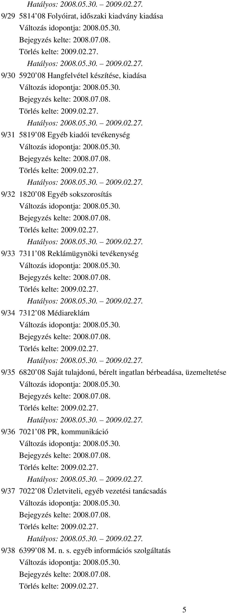 Médiareklám 9/35 6820 08 Saját tulajdonú, bérelt ingatlan bérbeadása, üzemeltetése 9/36 7021 08 PR,