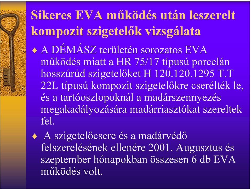 T 22L típusú kompozit szigetelőkre cserélték le, és a tartóoszlopoknál a madárszennyezés megakadályozására