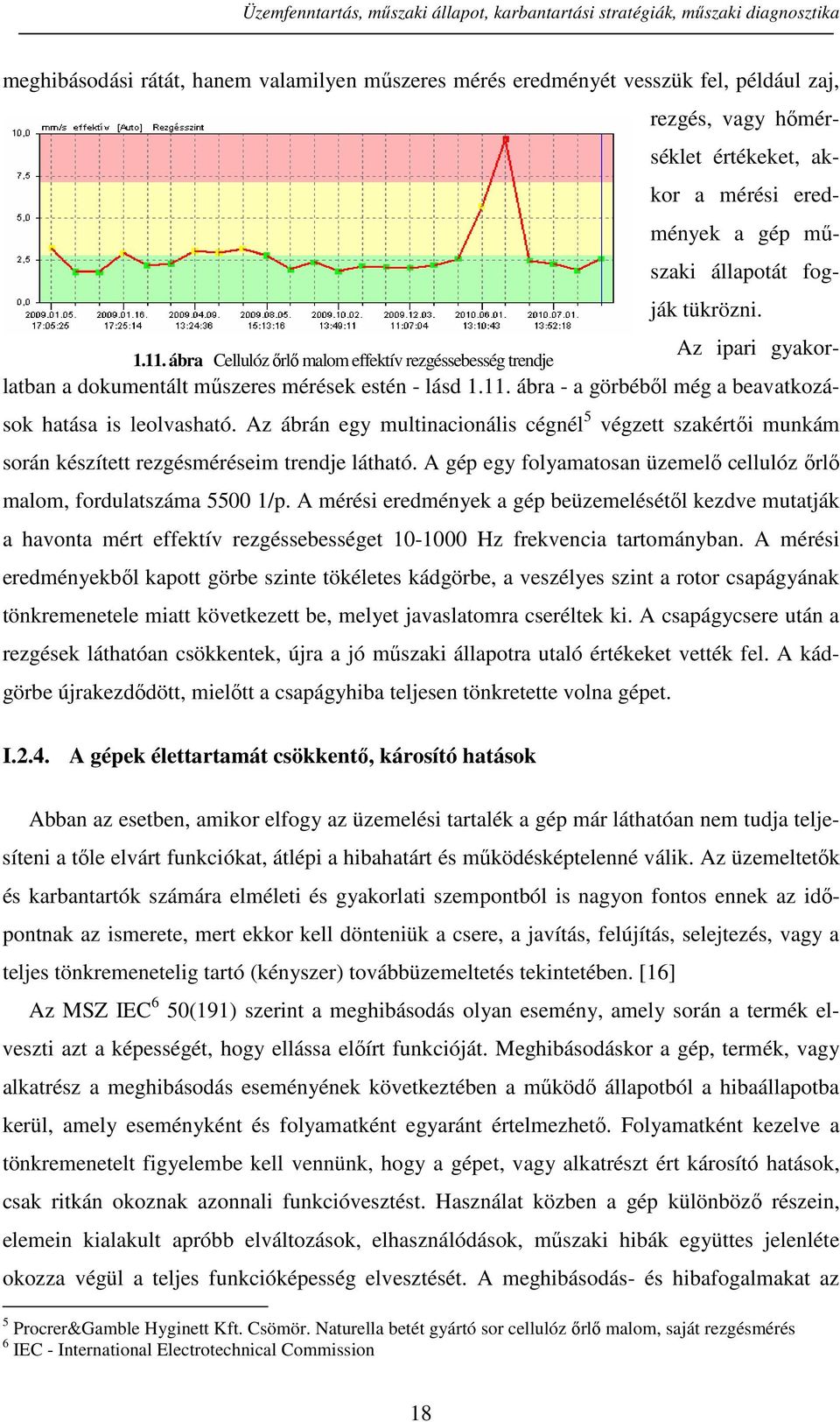 ábra Cellulóz őrlő malom effektív rezgéssebesség trendje Az ipari gyakorlatban a dokumentált műszeres mérések estén - lásd 1.11. ábra - a görbéből még a beavatkozások hatása is leolvasható.