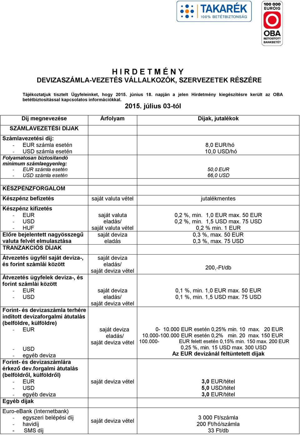 július 03-tól Díj megnevezése Árfolyam Díjak, jutalékok SZÁMLAVEZETÉSI DÍJAK Számlavezetési díj: - EUR számla esetén - USD számla esetén Folyamatosan biztosítandó minimum számlaegyenleg: - EUR számla