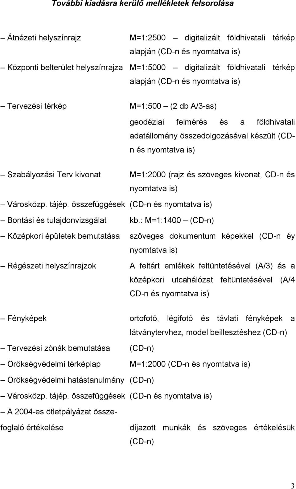 Szabályozási Terv kivonat M=1:2000 (rajz és szöveges kivonat, CD-n és nyomtatva is) Városközp. tájép. összefüggések (CD-n és nyomtatva is) Bontási és tulajdonvizsgálat kb.