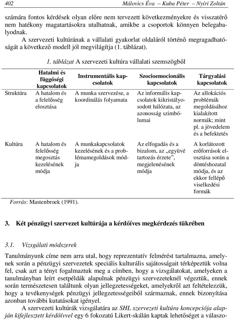 táblázat A szervezeti kultúra vállalati szemszögből Hatalmi és függőségi kapcsolatok A hatalom és a felelősség elosztása A hatalom és felelősség megosztás kezelésének módja Forrás: Mastenbroek (1991).