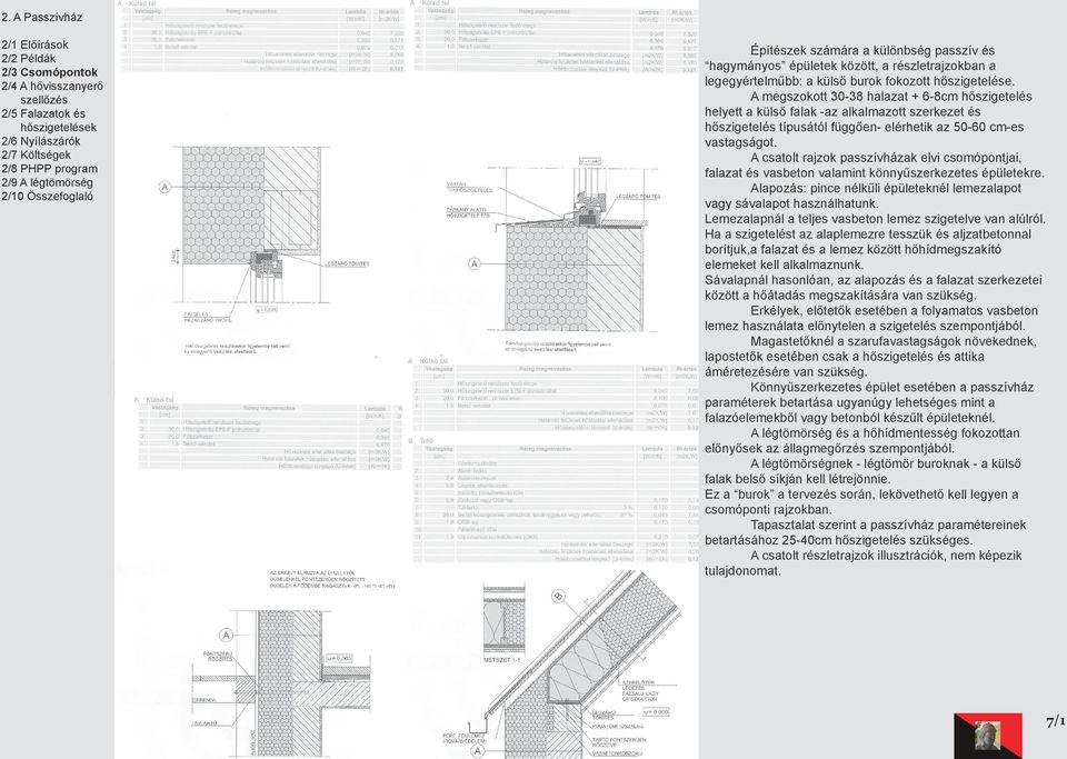 A csatolt rajzok passzívházak elvi csomópontjai, falazat és vasbeton valamint könnyűszerkezetes épületekre. Alapozás: pince nélkűli épületeknél lemezalapot vagy sávalapot használhatunk.