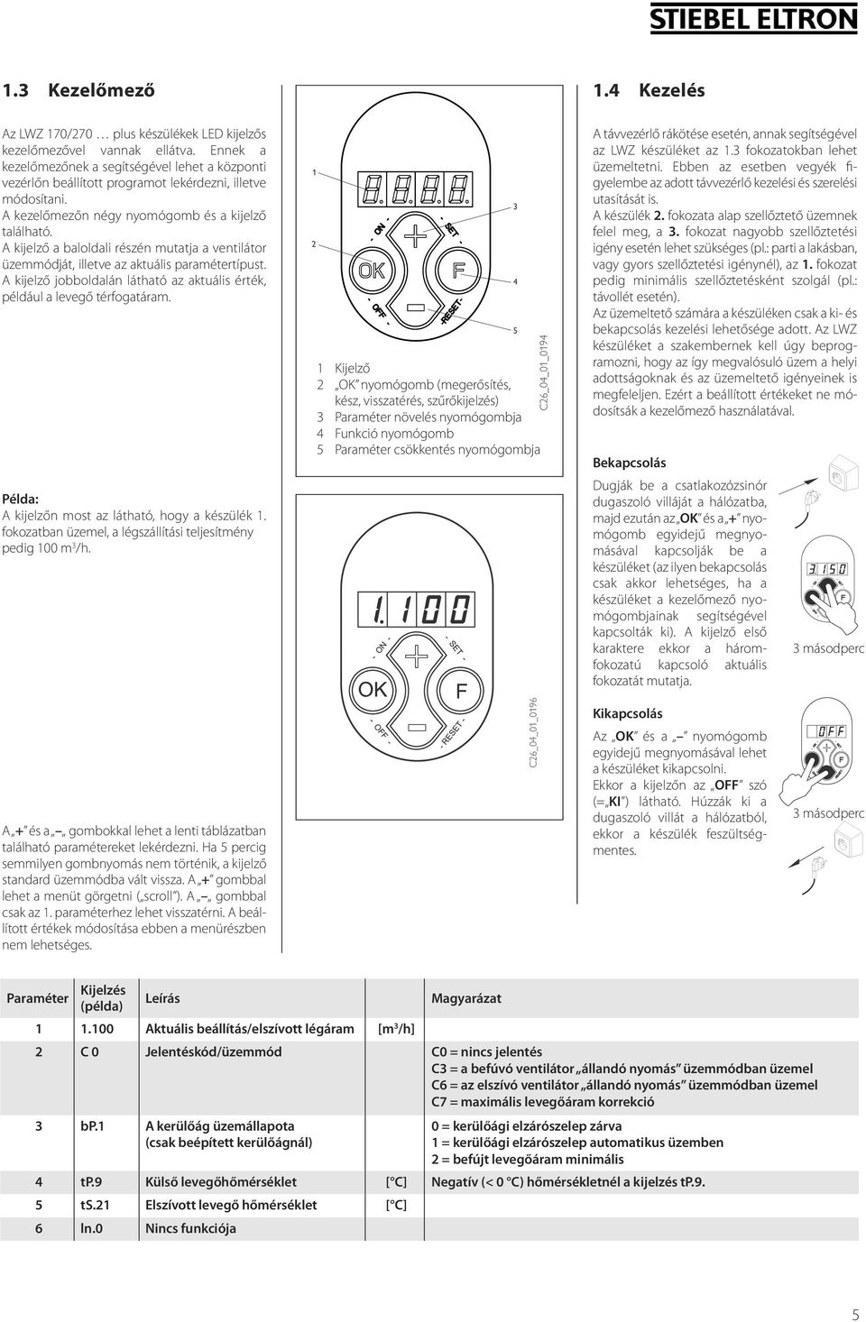 A kijelző a baloldali részén mutatja a ventilátor üzemmódját, illetve az aktuális paramétertípust. A kijelző jobboldalán látható az aktuális érték, például a levegő térfogatáram.