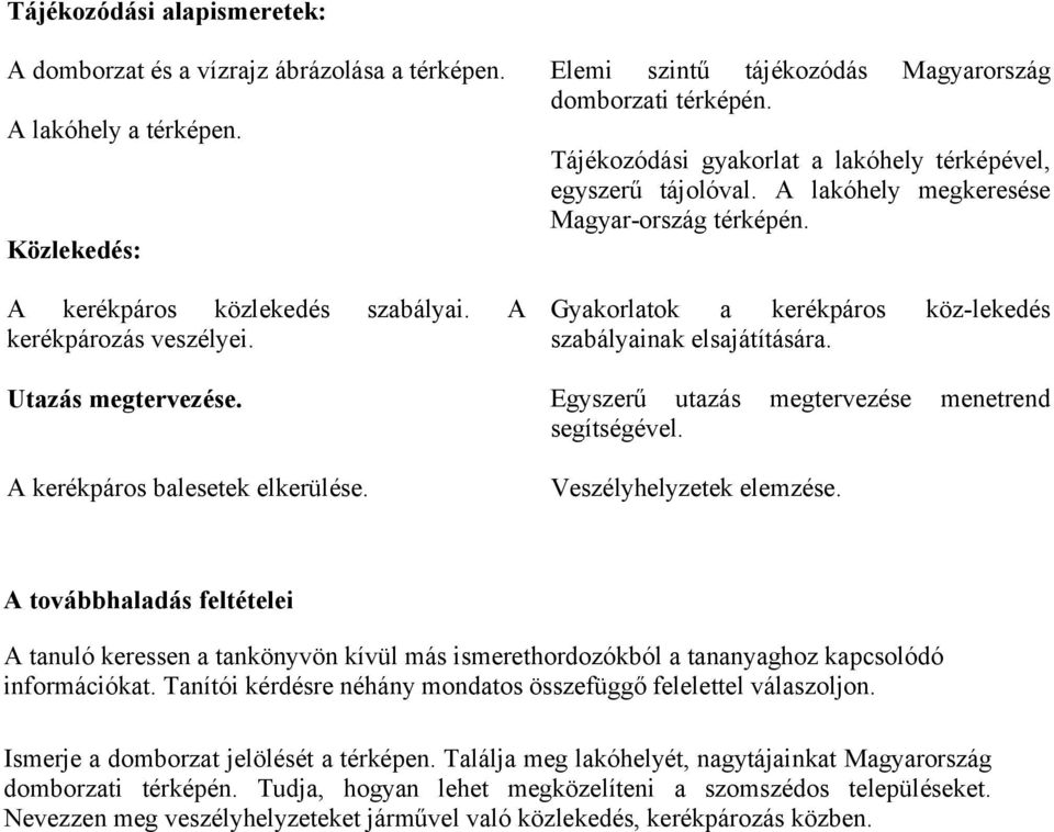 A lakóhely megkeresése Magyar-ország térképén. Gyakorlatok a kerékpáros köz-lekedés szabályainak elsajátítására. Egyszerű utazás megtervezése menetrend segítségével. Veszélyhelyzetek elemzése.