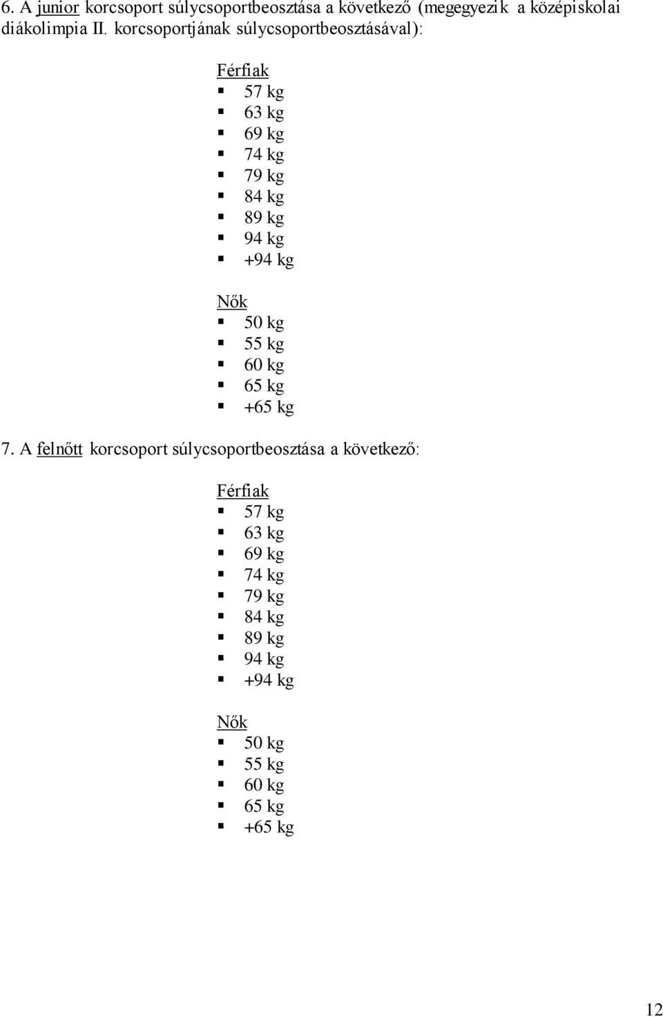 +94 kg Nők 50 kg 55 kg 60 kg 65 kg +65 kg 7.