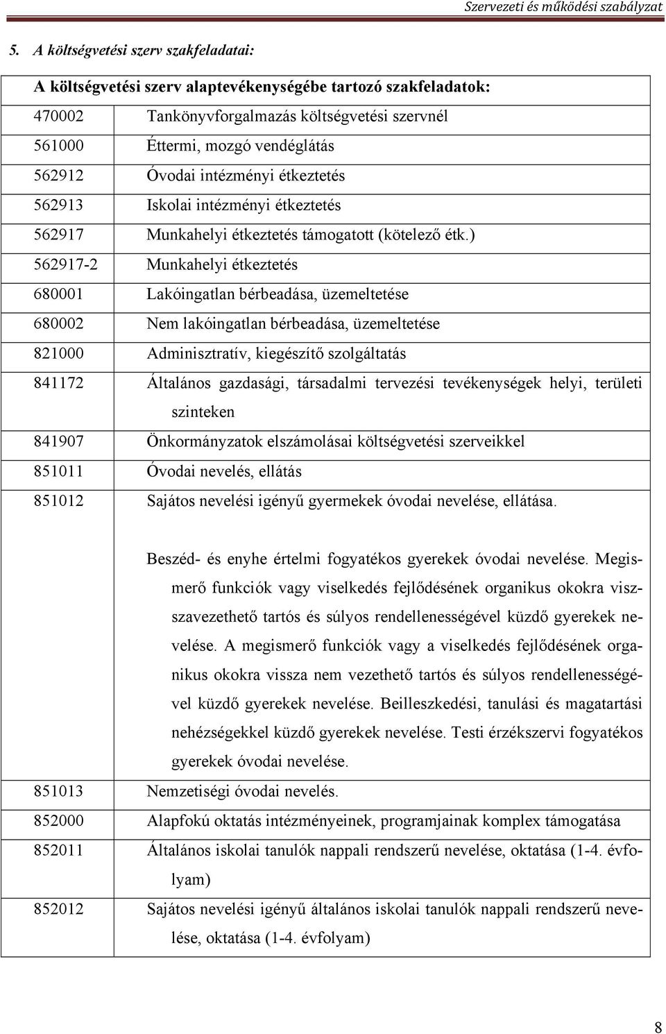 ) 562917-2 Munkahelyi étkeztetés 680001 Lakóingatlan bérbeadása, üzemeltetése 680002 Nem lakóingatlan bérbeadása, üzemeltetése 821000 Adminisztratív, kiegészítő szolgáltatás 841172 Általános