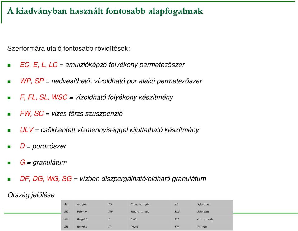 csökkentett vízmennyiséggel kijuttatható készítmény D = porozószer G = granulátum DF, DG, WG, SG = vízben diszpergálható/oldható granulátum Ország