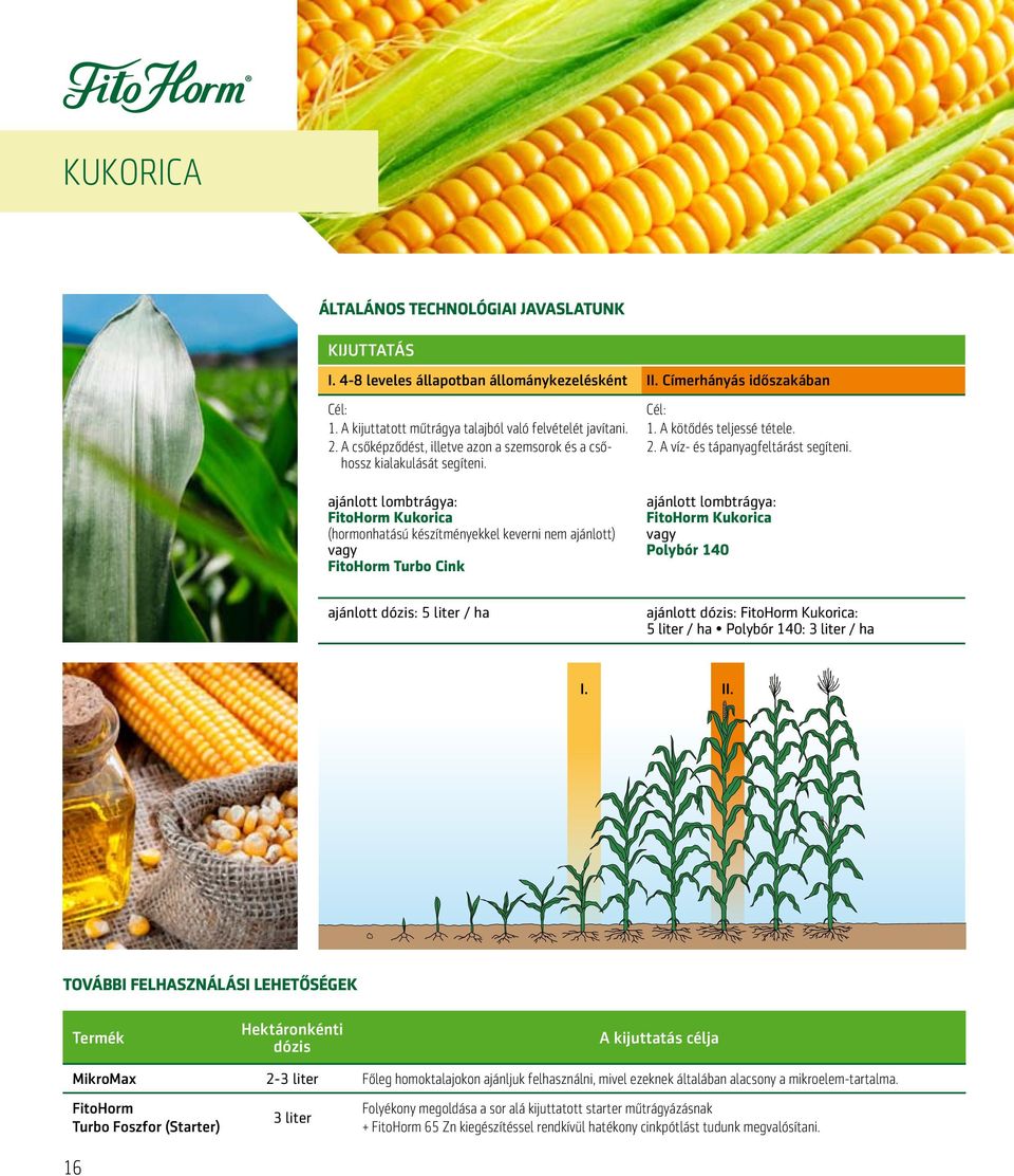 2. a víz- és tápanyagfeltárást segíteni. FitoHorm Kukorica vagy Polybór 140 dózis: 5 liter / ha dózis: FitoHorm Kukorica: 5 liter / ha Polybór 140: 3 liter / ha I. II.