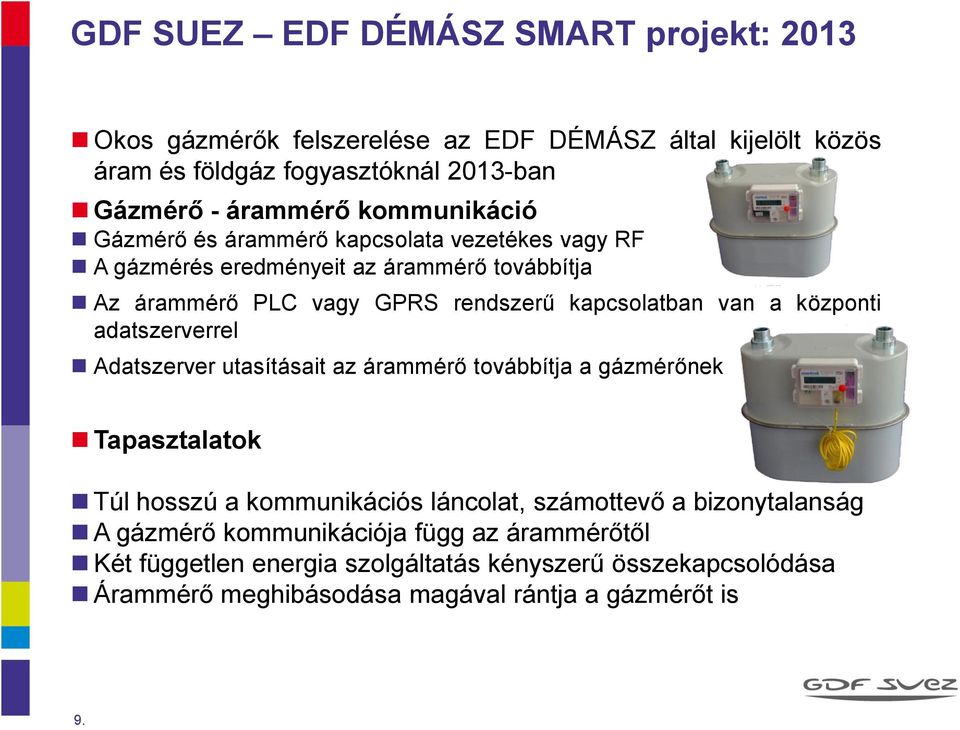 központi adatszerverrel Adatszerver utasításait az árammérő továbbítja a gázmérőnek Tapasztalatok Túl hosszú a kommunikációs láncolat, számottevő a bizonytalanság