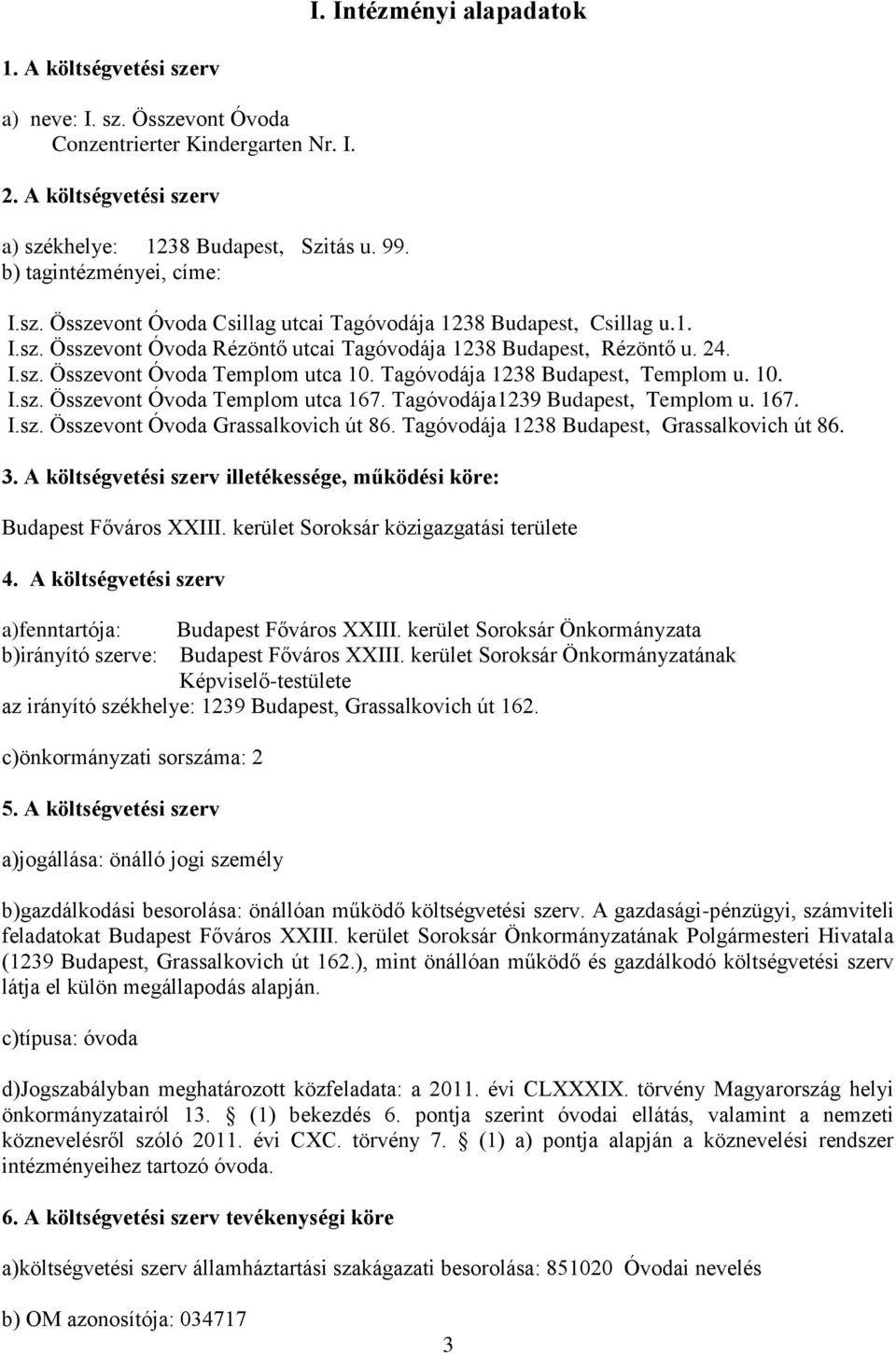 Tagóvodája 1238 Budapest, Templom u. 10. I.sz. Összevont Óvoda Templom utca 167. Tagóvodája1239 Budapest, Templom u. 167. I.sz. Összevont Óvoda Grassalkovich út 86.