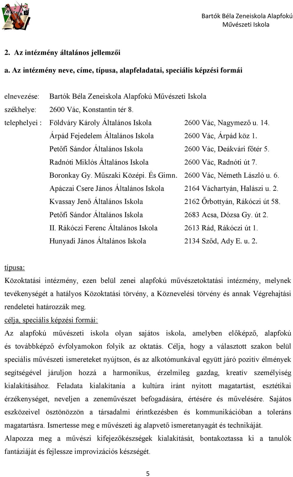 Radnóti Miklós Általános Iskola 2600 Vác, Radnóti út 7. Boronkay Gy. Műszaki Középi. És Gimn. 2600 Vác, Németh László u. 6. Apáczai Csere János Általános Iskola 2164 Váchartyán, Halászi u. 2. Kvassay Jenő Általános Iskola 2162 Őrbottyán, Rákóczi út 58.