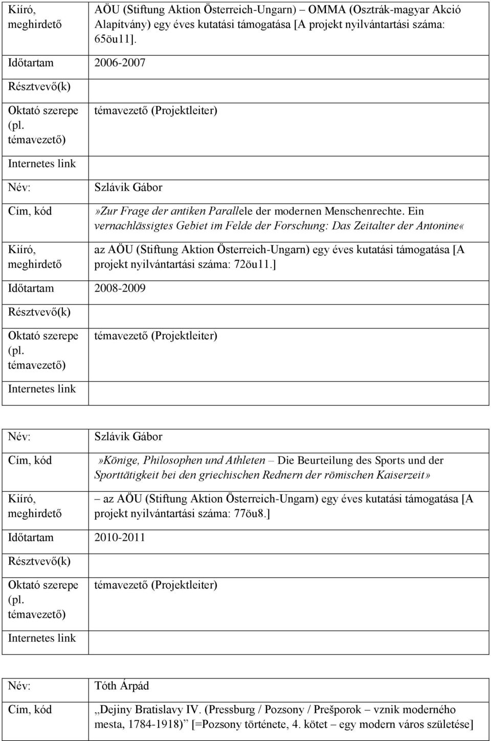 Ein vernachlässigtes Gebiet im Felde der Forschung: Das Zeitalter der Antonine«az AÖU (Stiftung Aktion Österreich-Ungarn) egy éves kutatási támogatása [A projekt nyilvántartási száma: 72öu11.