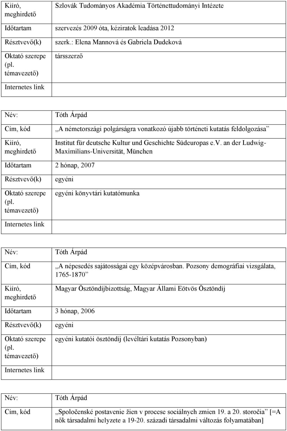 Pozsony demográfiai vizsgálata, 1765-1870 Magyar Ösztöndíjbizottság, Magyar Állami Eötvös Ösztöndíj Időtartam 3 hónap, 2006 egyéni egyéni kutatói ösztöndíj (levéltári kutatás Pozsonyban)