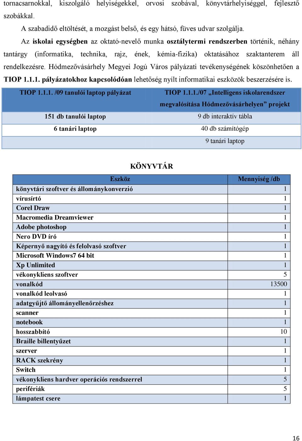 Hódmezővásárhely Megyei Jogú Város pályázati tevékenységének köszönhetően a TIOP 1.1.1. pályázatokhoz kapcsolódóan lehetőség nyílt informatikai eszközök beszerzésére is. TIOP 1.1.1. /09 tanulói laptop pályázat TIOP 1.