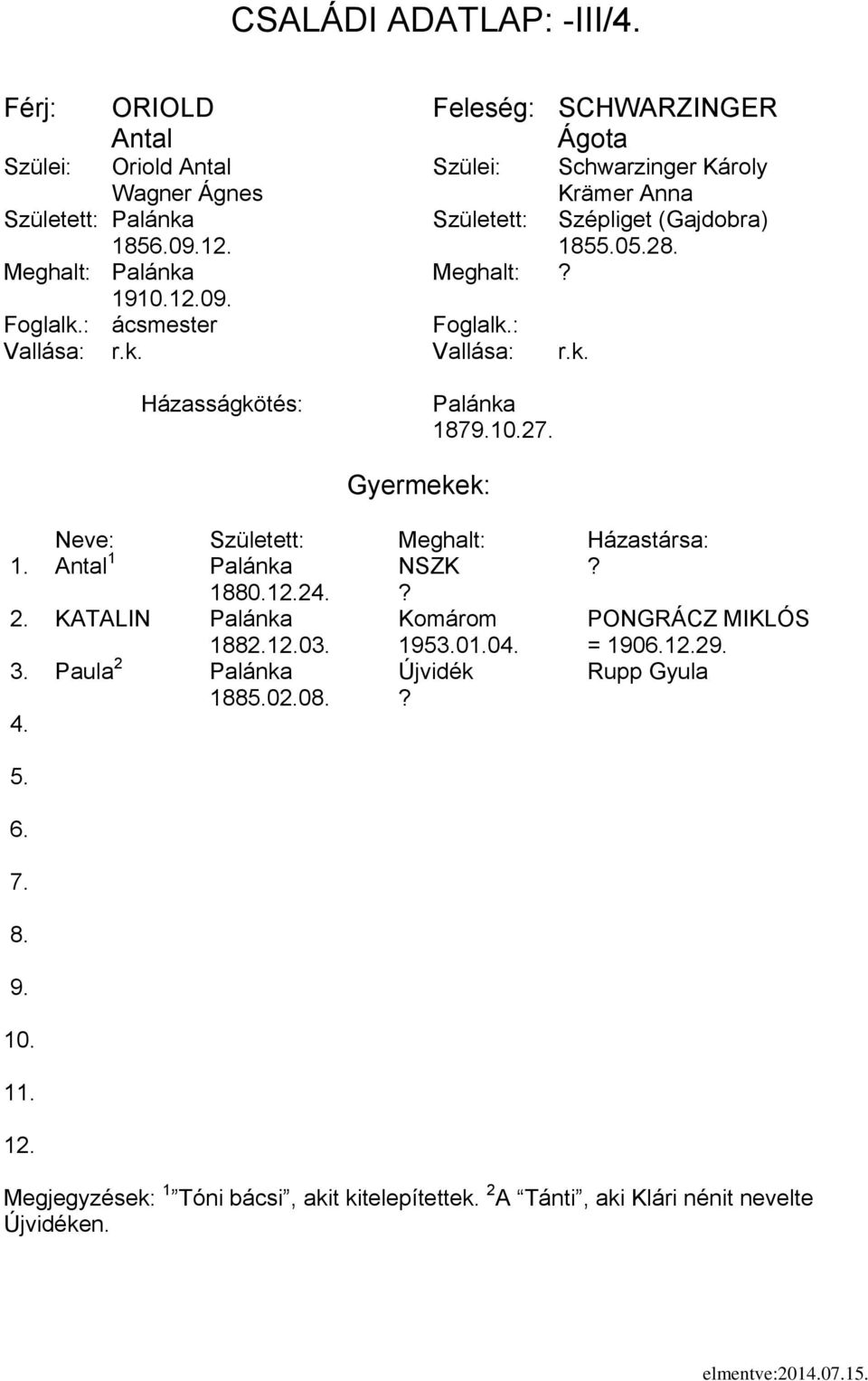 Antal 1 Palánka NSZK? 1880.2? 2. KATALIN Palánka Komárom PONGRÁCZ MIKLÓS 1882.03. 1953.01.0 = 1902 3.