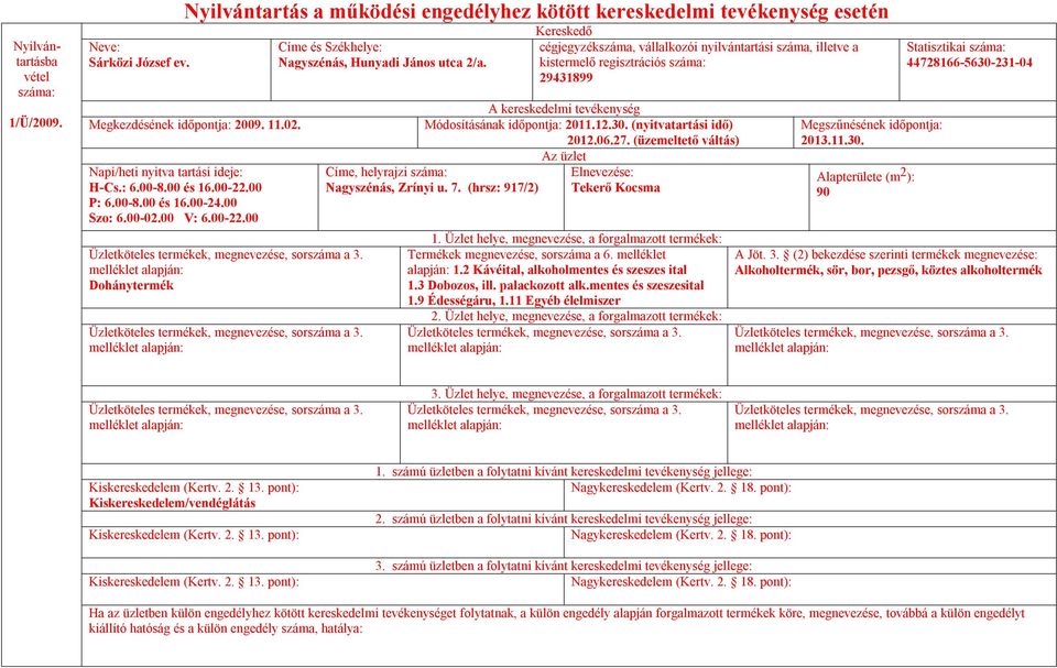 (hrsz: 917/2) Tekerő Kocsma alapján: 1.2 Kávéital, alkoholmentes és szeszes ital 1.3 Dobozos, ill. palackozott alk.mentes és szeszesital 1.9 Édességáru, 1.