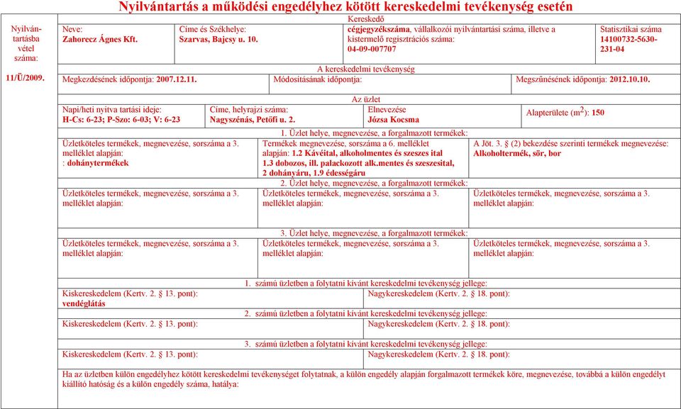 Módosításának időpontja: Megszűnésének időpontja: 2012.10.