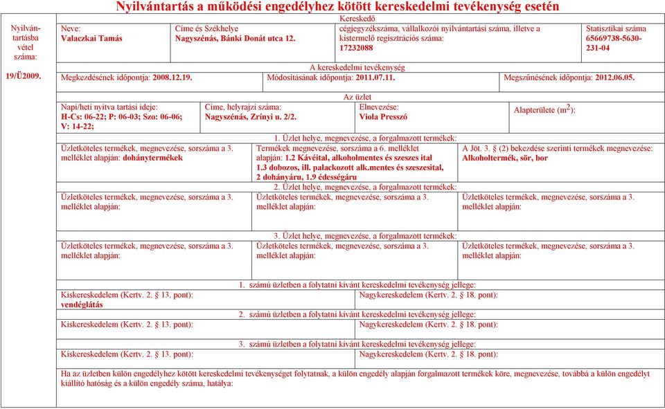 07.11. Megszűnésének időpontja: 2012.06.05. H-Cs: 06-22; P: 06-03; Szo: 06-06; V: 14-22; dohánytermékek Nagyszénás, Zrínyi u. 2/2.