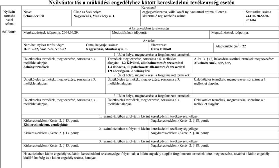 Nagyszénás, Munkácsy u. 1. Oázis Italbolt alapján: : 1.2 Kávéital, alkoholmentes és szeszes ital 1.3 dobozos, ill.