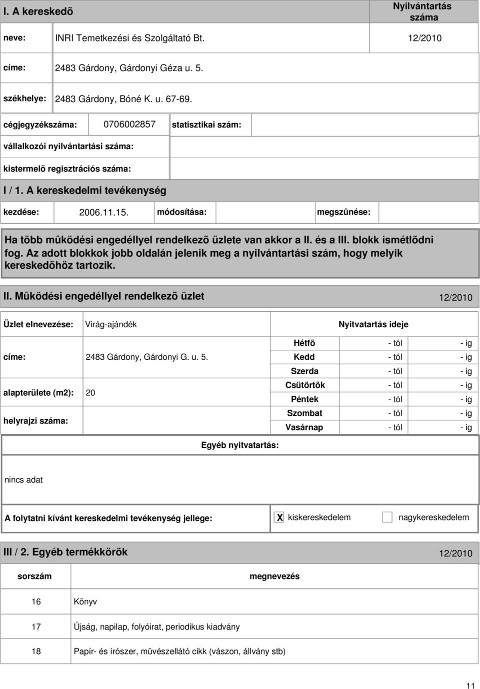 Mûködési engedéllyel rendelkezõ üzlet 12/2010 Virág-ajándék 2483 Gárdony, Gárdonyi G. u. 5.