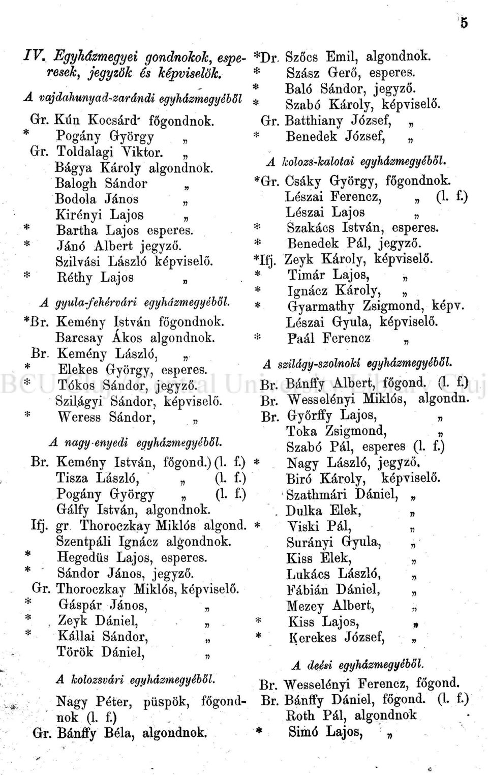 Barcsay Ákos algondnok. Br. Kemény László, * Elekes Gfyörgy, esperes. * Tokos Sándor, jegyző. Szilágyi Sándor, képviselő. * Weress Sándor, A nagyenyedi egyházmegyéből. Br. Kemény István, főgond.)(l.