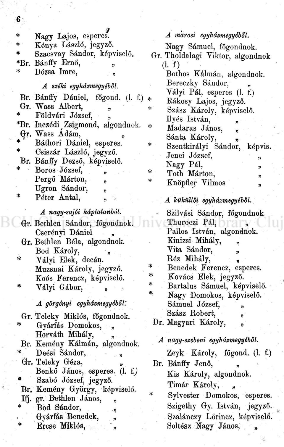 * Boros József, Pergő Márton, Ugrón Sándor, * Péter Antal, A nagy-sajói káptalanból. Gr. Bethlen Sándor, főgondnok. Cserényi Dániel Gr. Bethlen Béla, algondnok. Bod Károly, * Yályi Elek, decán.