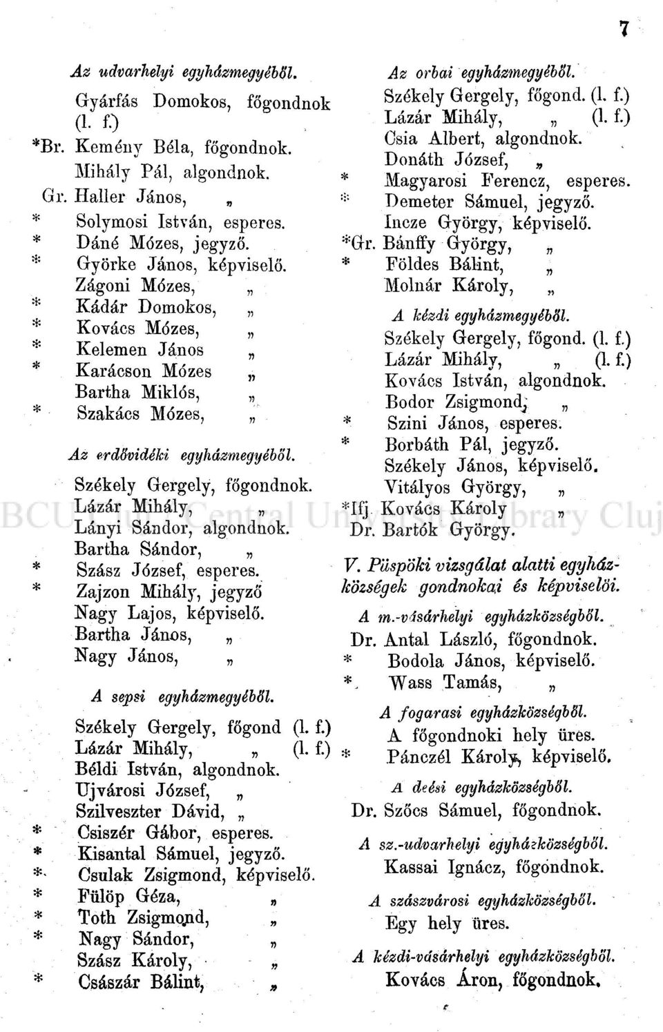 Székely Gergely, főgondnok. Lázár Mihály, Lányi Sándor, algondnok. Bartha Sándor, Szász József, esperes. Zajzon Mihály, jegyző Nagy Lajos, képviselő. Bartha Jánűs, Nagy János, A sepsi egyházmegyéből.