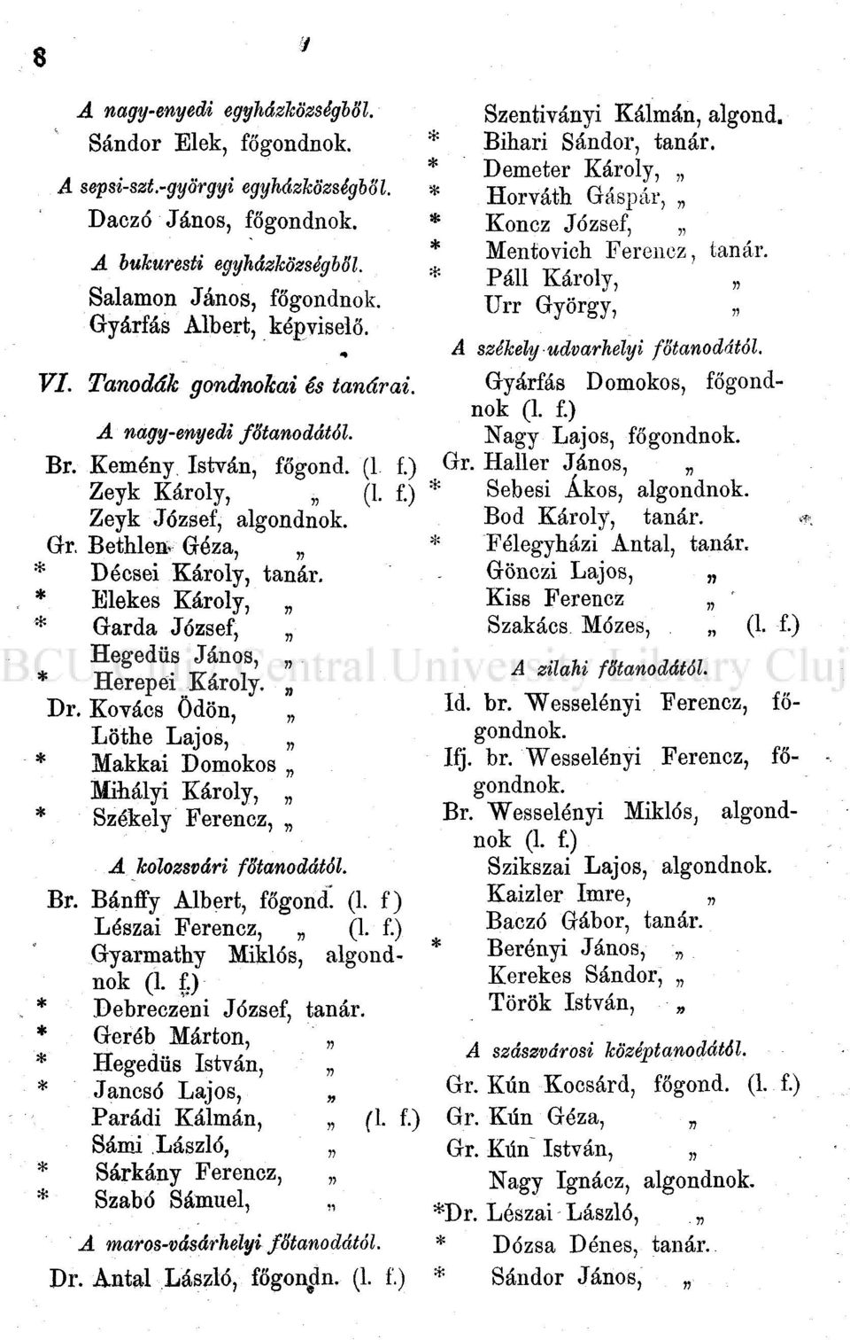 * Elekes Károly, * Garda József, Hegedűs János, * Herepei Károly. Dr. Kovács Ödön, Löthe Lajos, * Makkai Domokos Mihályi Károly, * Székely Ferencz, A kolozsvári főtanodétól. Br. Bánffy Albert, főgond.