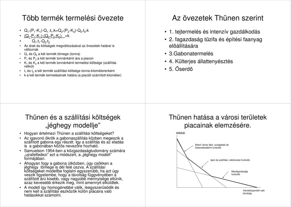 (tonna) P 1 és P 2 a két termék tonnánkénti ára a piacon K 1 és K 2 a két termék tonnánkénti termelési költsége (szállítás nélkül) t 1 és t 2 a két termék szállítási költsége tonna-kilométerenként k