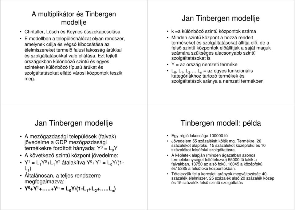 Jan Tinbergen modellje k =a különböző szintű központok száma Minden szintű központ a hozzá rendelt termékeket és szolgáltatásokat állítja elő, de a felső szintű központok előállítják a saját maguk