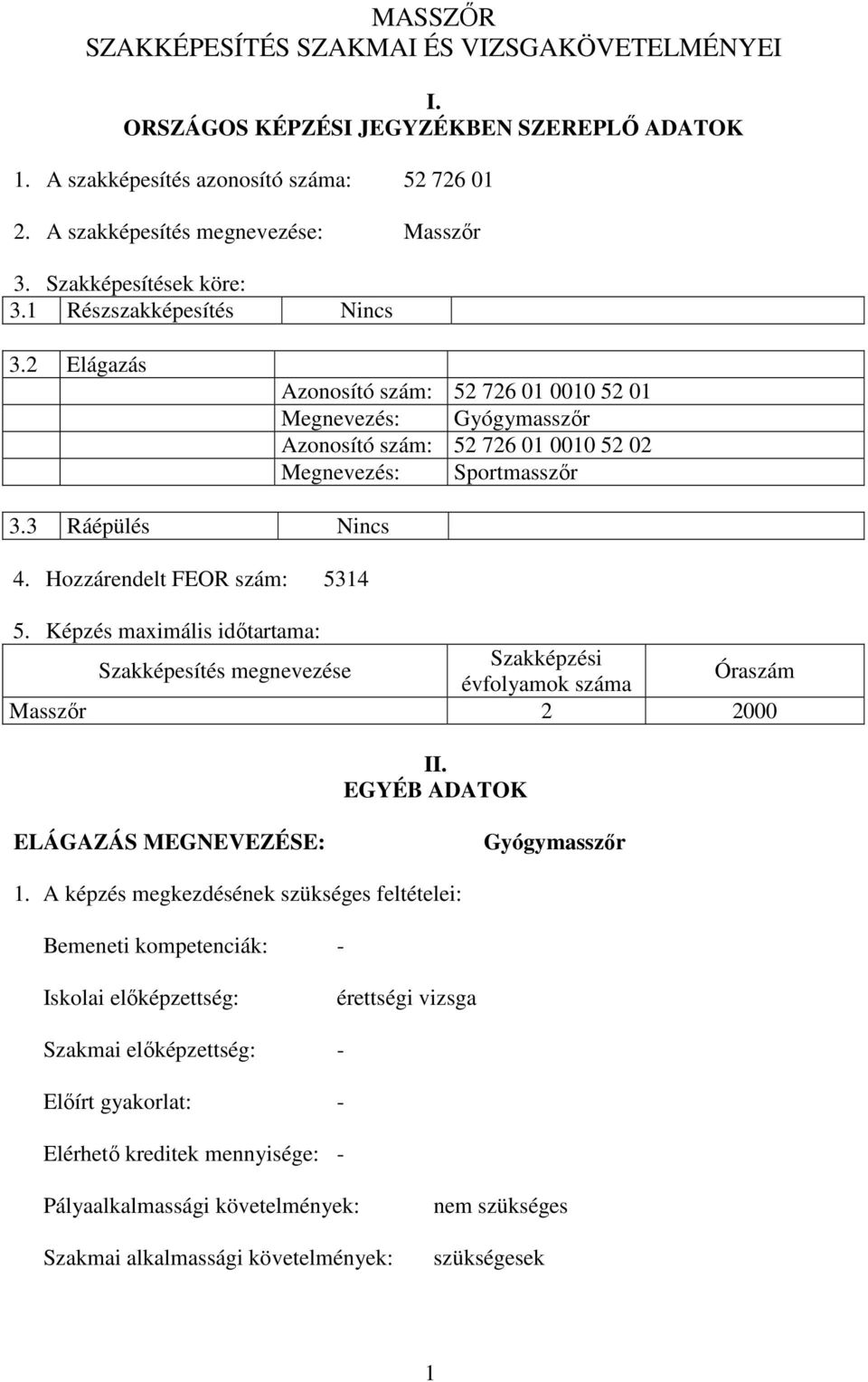 3 Ráépülés Nincs 4. Hozzárendelt FEOR szám: 5314 5. Képzés maximális időtartama: Szakképesítés megnevezése Szakképzési évfolyamok száma Óraszám Masszőr 2 2000 II.