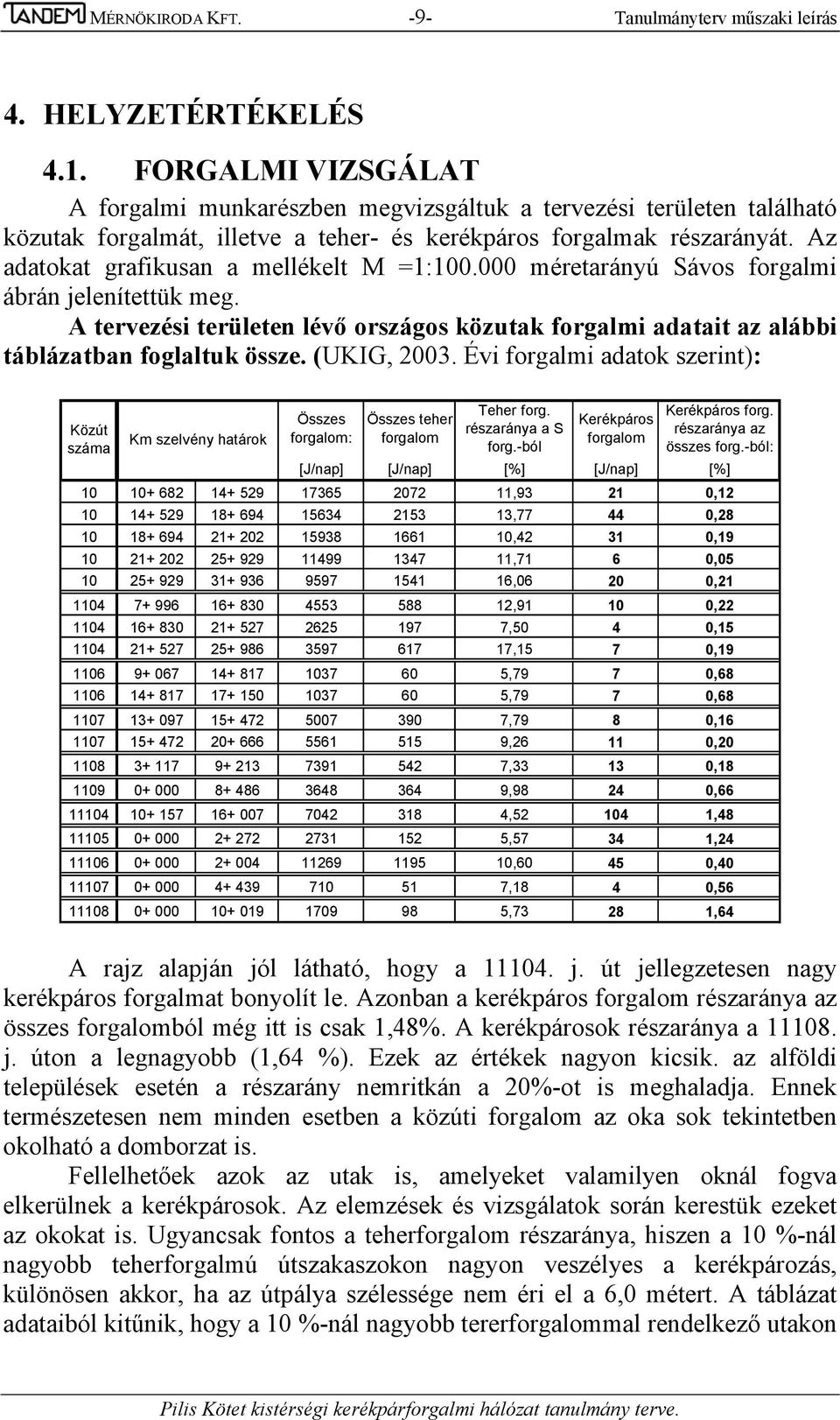 Az adatokat grafikusan a mellékelt M =1:100.000 méretarányú Sávos forgalmi ábrán jelenítettük meg. A tervezési területen lévő országos közutak forgalmi adatait az alábbi táblázatban foglaltuk össze.