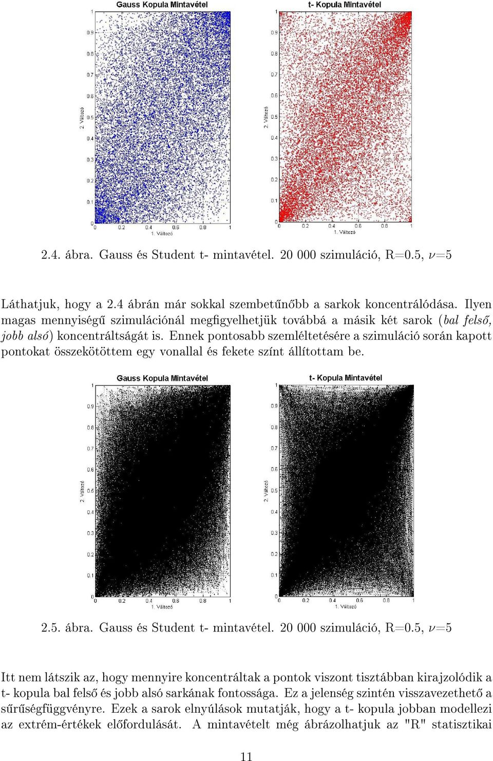 Ennek pontosabb szemléltetésére a szimuláció során kapott pontokat összekötöttem egy vonallal és fekete színt állítottam be. 2.5. ábra. Gauss és Student t- mintavétel. 20 000 szimuláció, R=0.