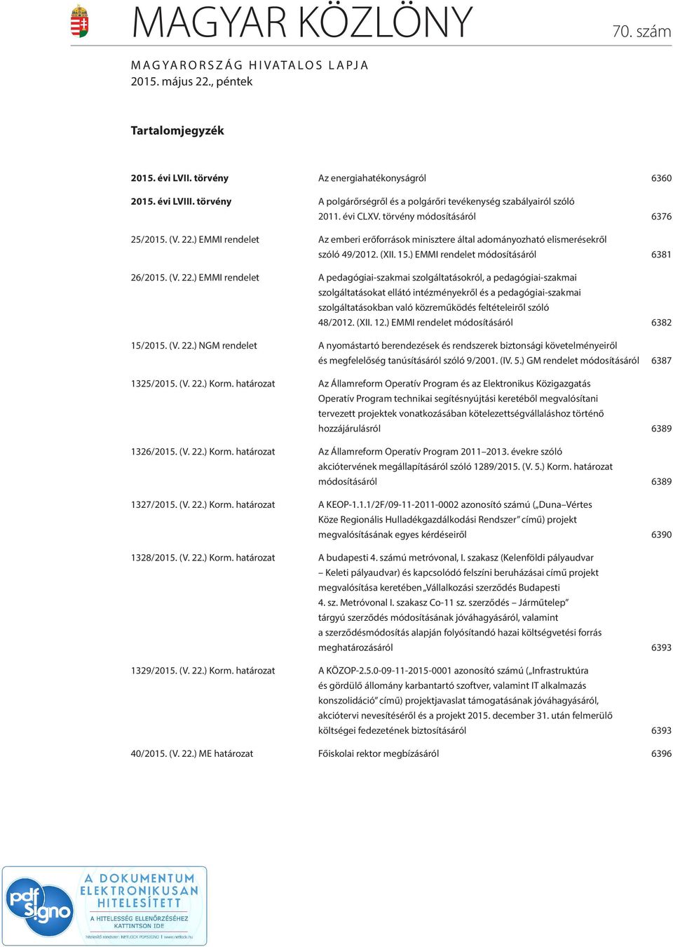 ) EMMI rendelet Az emberi erőforrások minisztere által adományozható elismerésekről szóló 49/2012. (XII. 15.) EMMI rendelet módosításáról 6381 26/2015. (V. 22.