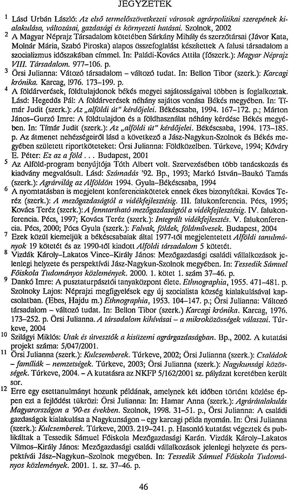 időszakában címmel. In: Paládi-Kovács Attila (főszerk.): Magyar Néprajz VIII. Társadalom. 977-106. p. Örsi Julianna: Vátoző társadalom - változó tudat. In: Bellon Tibor (szerk.): Karcagi krónika.