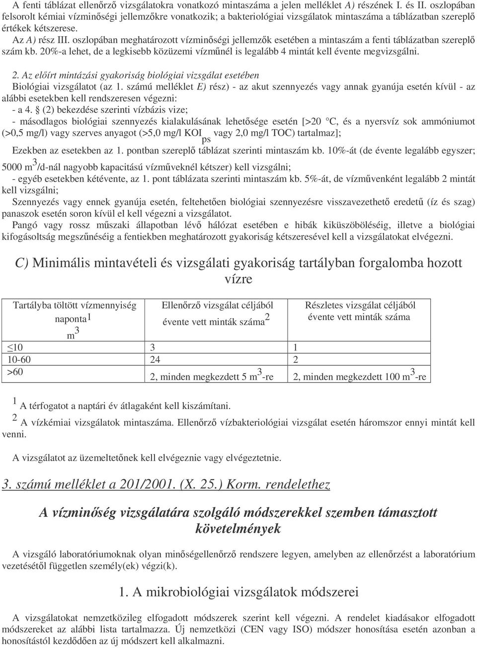 oszlopában meghatározott vízminségi jellemzk esetében a mintaszám a fenti táblázatban szerepl szám kb. 20%-a lehet, de a legkisebb közüzemi vízmnél is legalább 4 mintát kell évente megvizsgálni. 2. Az elírt mintázási gyakoriság biológiai vizsgálat esetében Biológiai vizsgálatot (az 1.