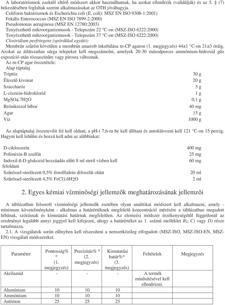 coli): MSZ EN ISO 9308-1:2001) Fekális Enterococcus (MSZ EN ISO 7899-2:2000) Pseudomonas aeruginosa (MSZ EN 12780:2003) Tenyészthet mikroorganizmusok - Telepszám 22 C-on (MSZ-ISO 6222:2000)