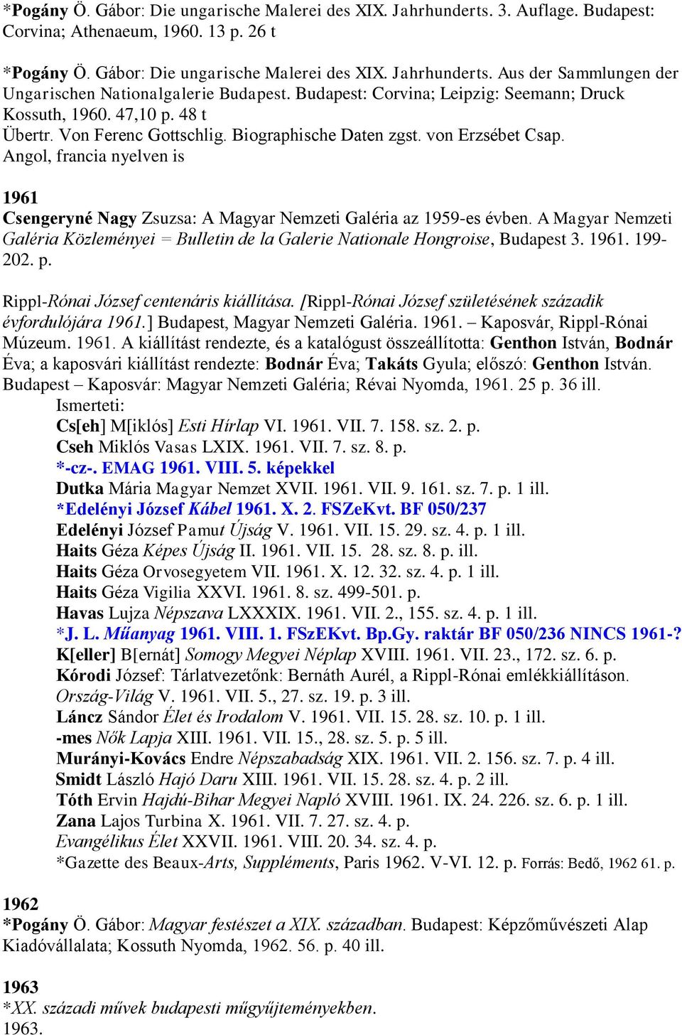 Angol, francia nyelven is 1961 Csengeryné Nagy Zsuzsa: A Magyar Nemzeti Galéria az 1959-es évben. A Magyar Nemzeti Galéria Közleményei = Bulletin de la Galerie Nationale Hongroise, Budapest 3. 1961. 199-202.