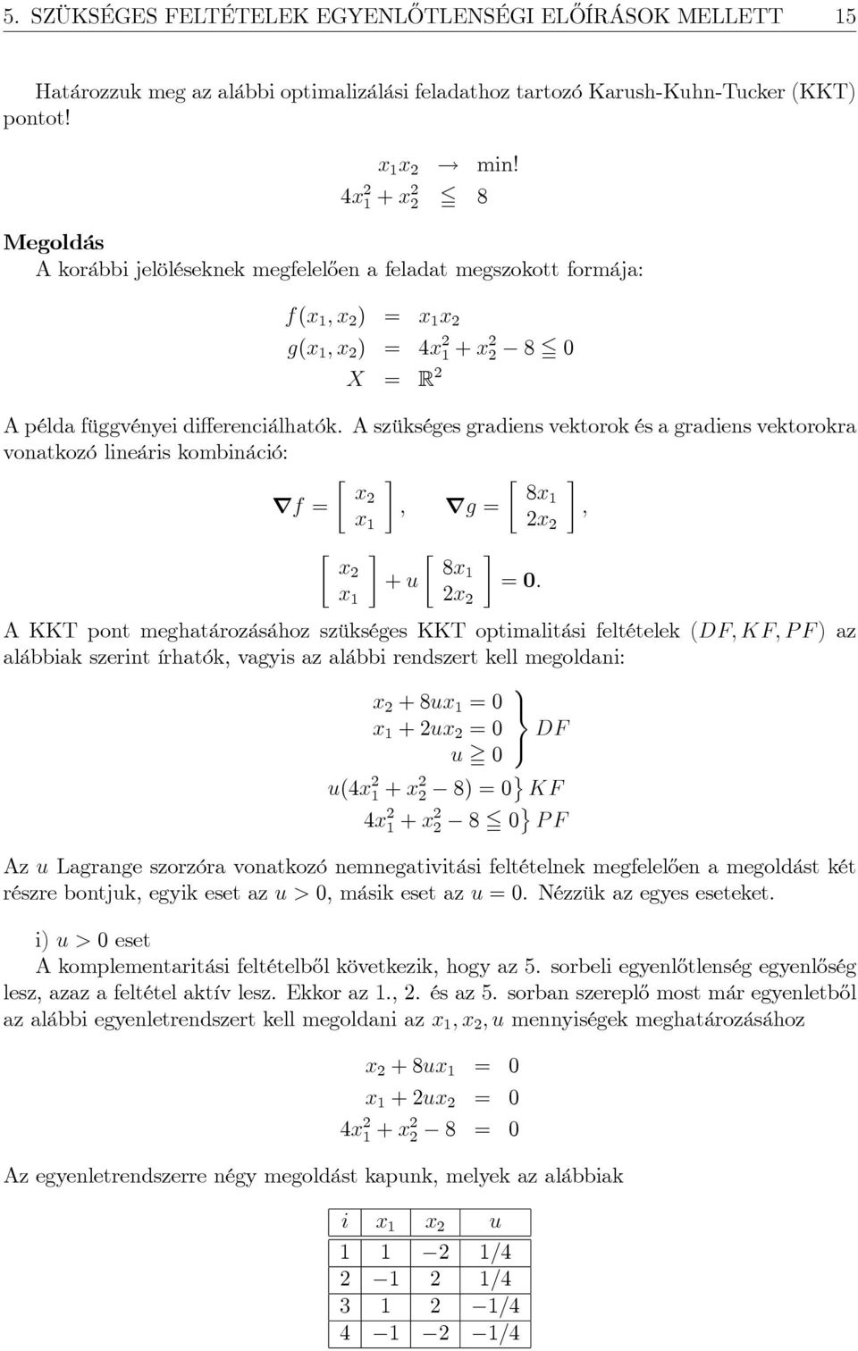 A szükséges gradiens vektorok és a gradiens vektorokra vonatkozó lineáris kombináció: x 8x rf = ; rg = ; x x x 8x + u = 0: x x A KKT pont meghatározásához szükséges KKT optimalitási feltételek (DF;