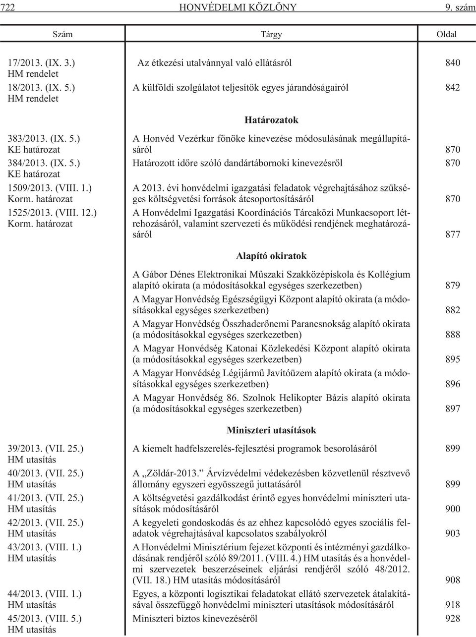 (VIII. 1.) Korm. határozat 1525/2013. (VIII. 12.) Korm. határozat A Honvéd Vezérkar fõnöke kinevezése módosulásának megállapításáról 870 Határozott idõre szóló dandártábornoki kinevezésrõl 870 A 2013.