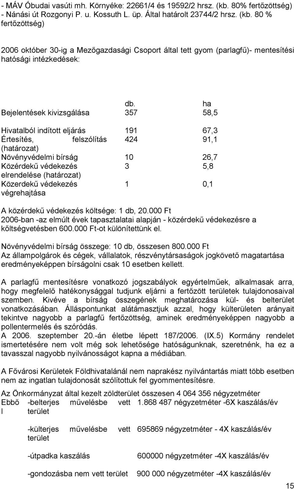 Közerdekű védekezés végrehajtása 1 0,1 A közérdekű védekezés költsége: 1 db, 20.000 Ft 2006-ban -az elmúlt évek tapasztalatai alapján - közérdekű védekezésre a kőltségvetésben 600.