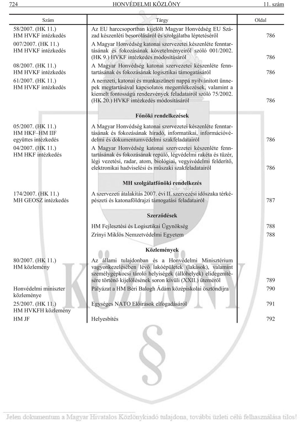 ) HM HVKF intézkedés 08/2007. (HK 11.