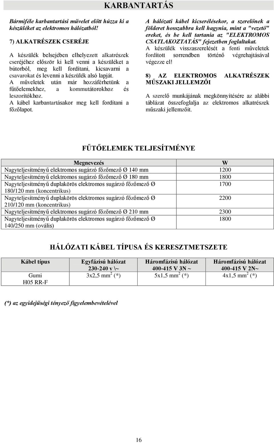 lapját. A mûveletek után már hozzáférhetünk a fûtõelemekhez, a kommutátorokhoz és leszorítókhoz. A kábel karbantartásakor meg kell fordítani a fõzõlapot.